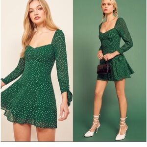 Reformation Beatriz green polka dot mini baby doll dress flowy size 10